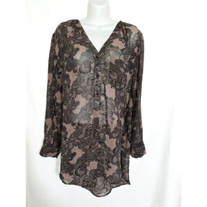 Lumiere Black Beige Floral Lace sheer officecore secretary Tunic Top L